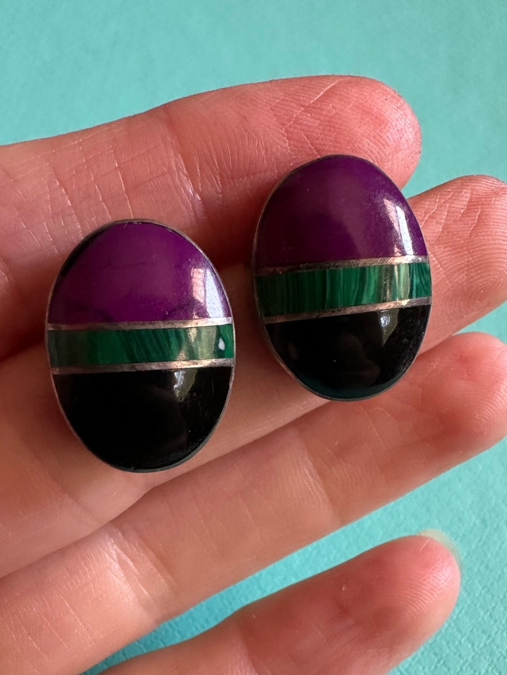 Vintage Mexican Sterling Tri Polished Inlaid Stone Earrings